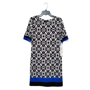 NWT R&K Geometric Black White‎ Blue Jersey Shift Dress, Size S, Office Career